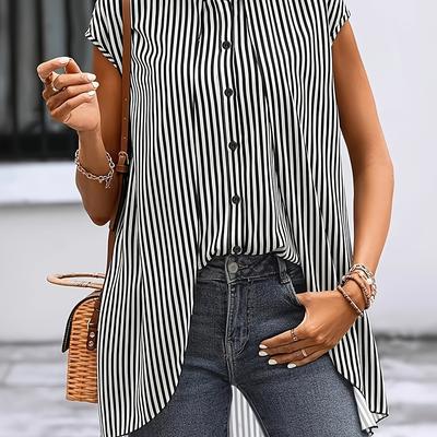 TEMU Women's Casual Short Sleeve Striped Mock Layered Shirt - , Collar, Button Front, Lightweight Spring/summer Top, Machine Washable Image
