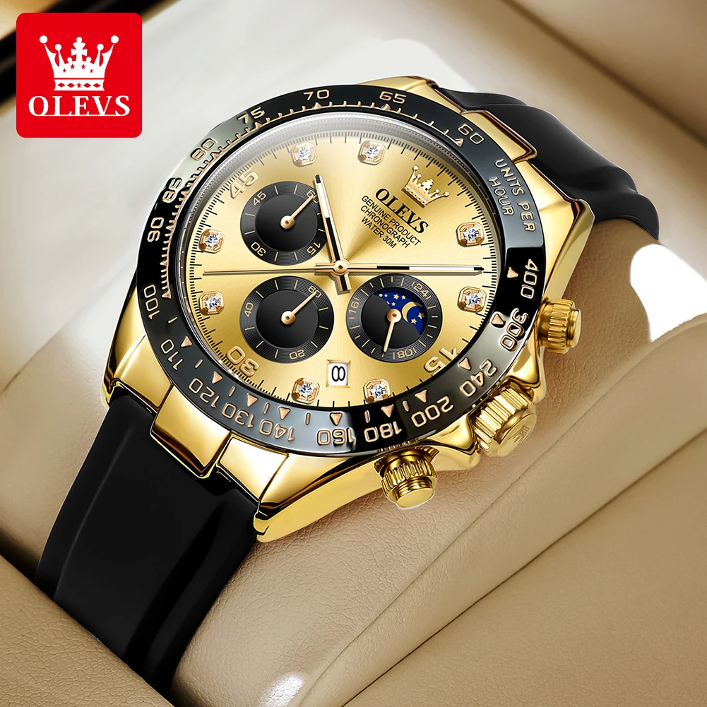 OLEVS Uhr für Herren, Golduhr, Silikon, leuchtend, wasserdicht, luxuriös, multifunktional, analog, Chronograph, Mondphase, Herren-Quarzuhr Image
