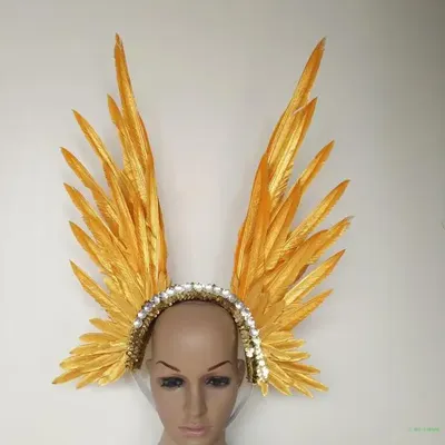 Feder-Kopfschmuck, heller Diamant, goldenes Federmodell, Laufsteg-Kopfbedeckung, Tanz, Bühnenauftritt Image