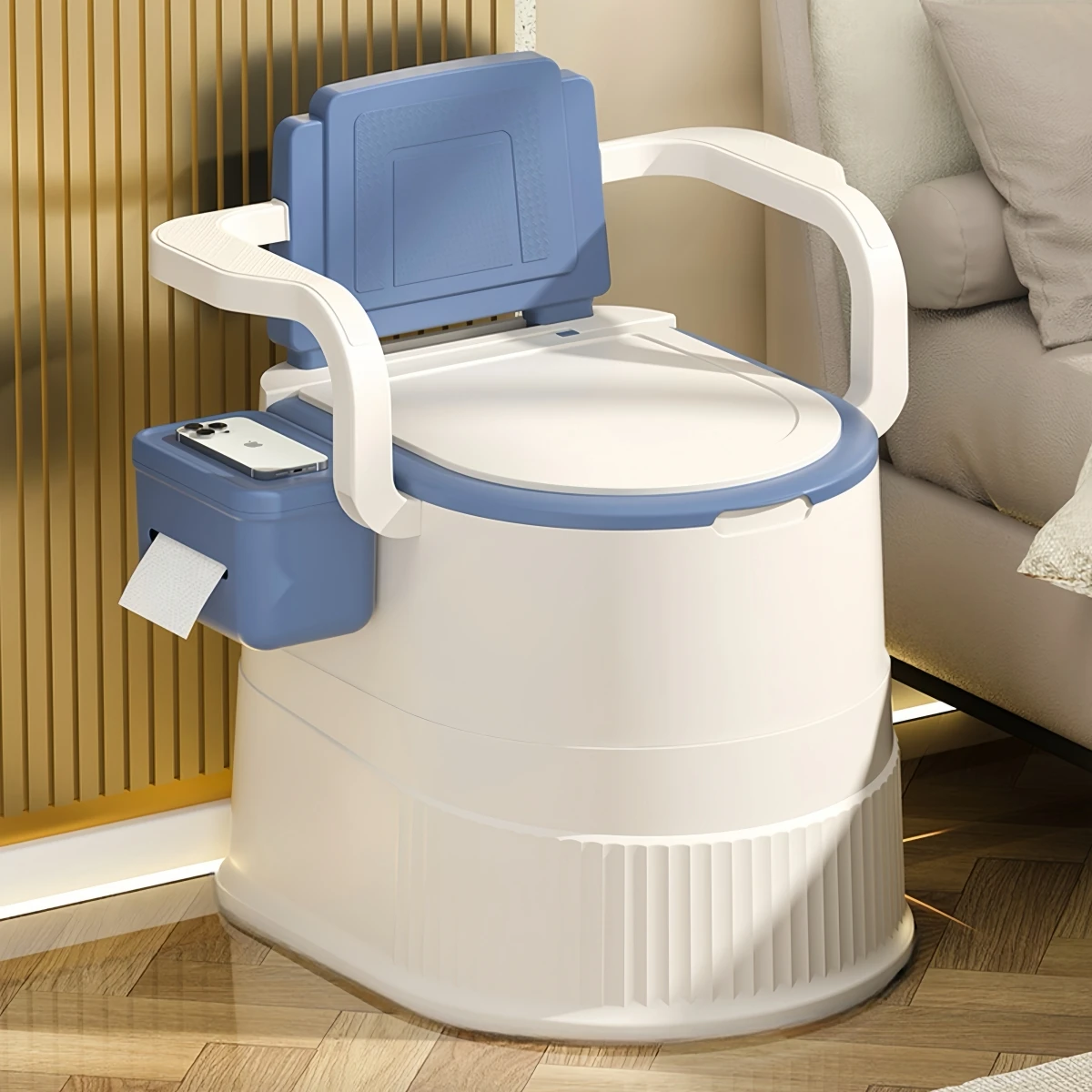 Tragbarer Reise-Toilettenstuhl, geeignet für Erwachsene – geruchsdichte, leicht zu reinigende, hygienische Campingtoilette mit Armlehnen, Rückenlehne, Deckel und Toilettenständer – geeignet für Zelte,