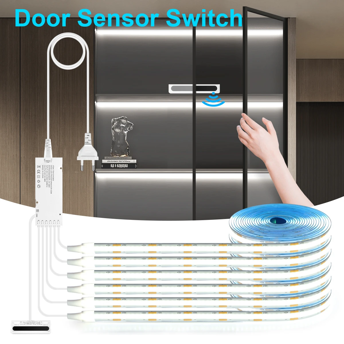 Intelligente Türsensor-Steuerung, 12 V, COB-LED-Streifen, unter Schrankbeleuchtung, Schrank, Kleiderschrank, Weinschrank, Doppeltür, Heimdekoration, Beleuchtung