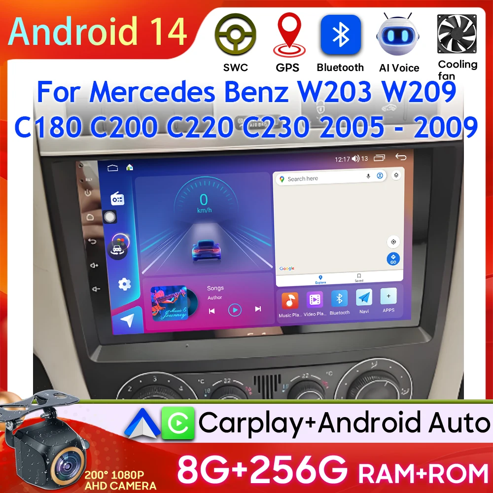 Android 14 pour Mercedes Benz W203 W209 C180 C200 C220 C230 2005 - 2009 lecteur vidéo autoradio stéréo GPS Carplay pas de vidéo 2din