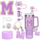 8PCS Set di accessori per Stanley Cup Viola 30oz 40oz bicchiere di silicone Topper di paglia Tappo di copertura Maniglia di avvio Fascino Iniziali Adesivo