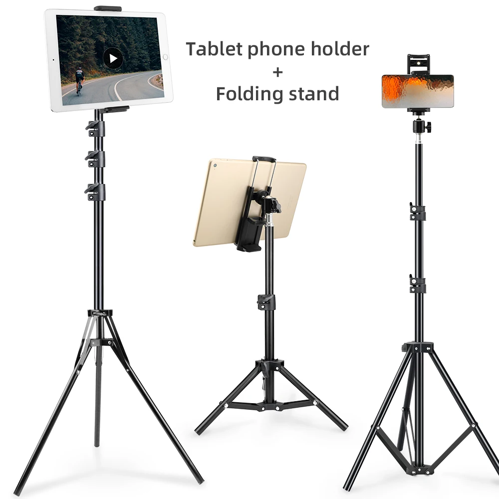 Trépied en aluminium pour tablette et téléphone, 150/200cm, support de sol pour Ipad, avec support pour Smartphone et tablette