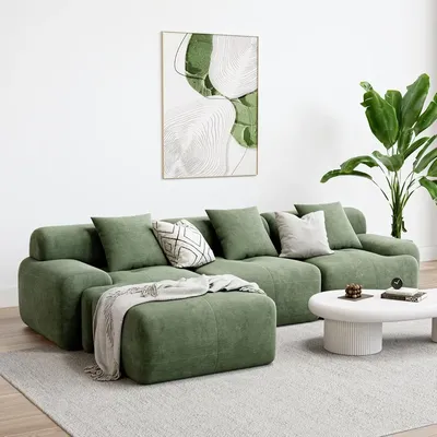 118" Modern L-Shaped Sectional Sofa, Corduroy Fabric, Oversized 3-Seater Sofa with Deep Seat and Removable Ottoman