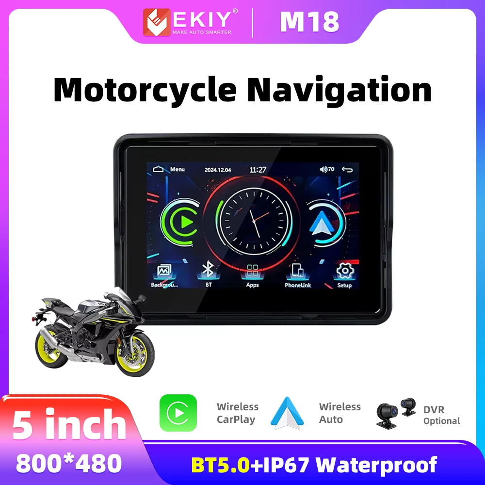 EKIY 5-Zoll-Moto-Display, tragbarer Motorrad-Monitor, unterstützt DVR, Motorrad-Navigation, kabelloses CarPlay, Android Auto Image