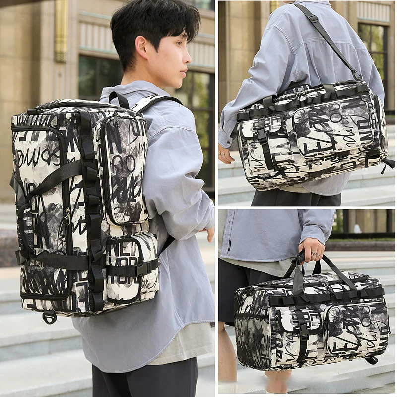 Männer Brief Druck Reise Handtasche Große Kapazität Unabhängige Schuh Schuh Fach Zurück [pack mit Versteckte Schultern Riemen