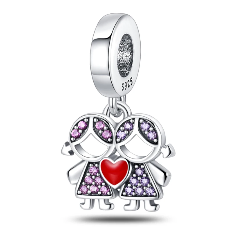 100 % 925 Sterling Silber Charm Bead Anhänger 3 mm Schwester Herz Rosa Zirkon DIY Original Design Elegante feine Schmuckherstellung