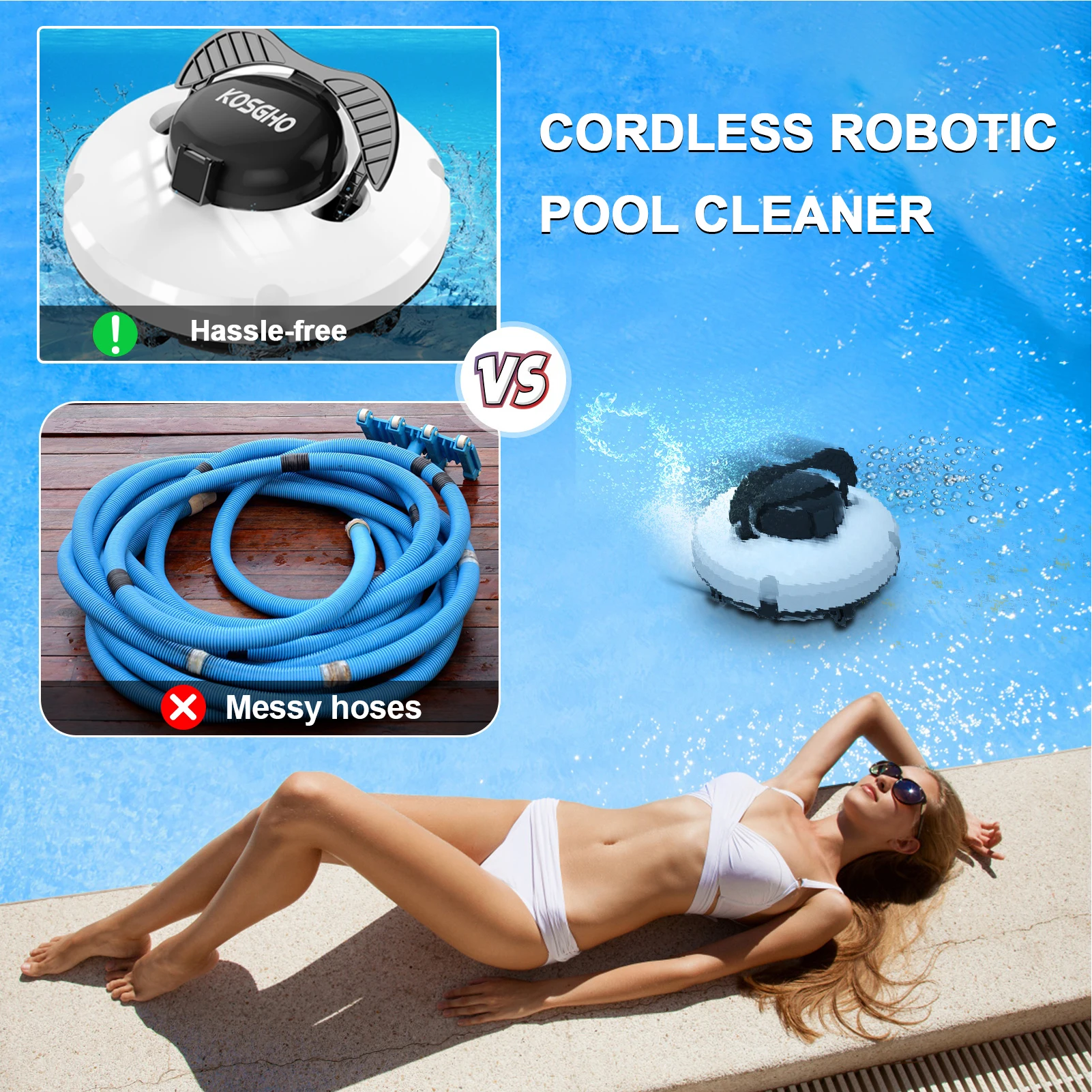Kabelloser Poolreiniger, Pool-Staubsauger, kabelloser Roboter-Poolreiniger, Pool-Staubsauger mit zwei Motoren, selbstparkend, für Flachboden-Pools Image