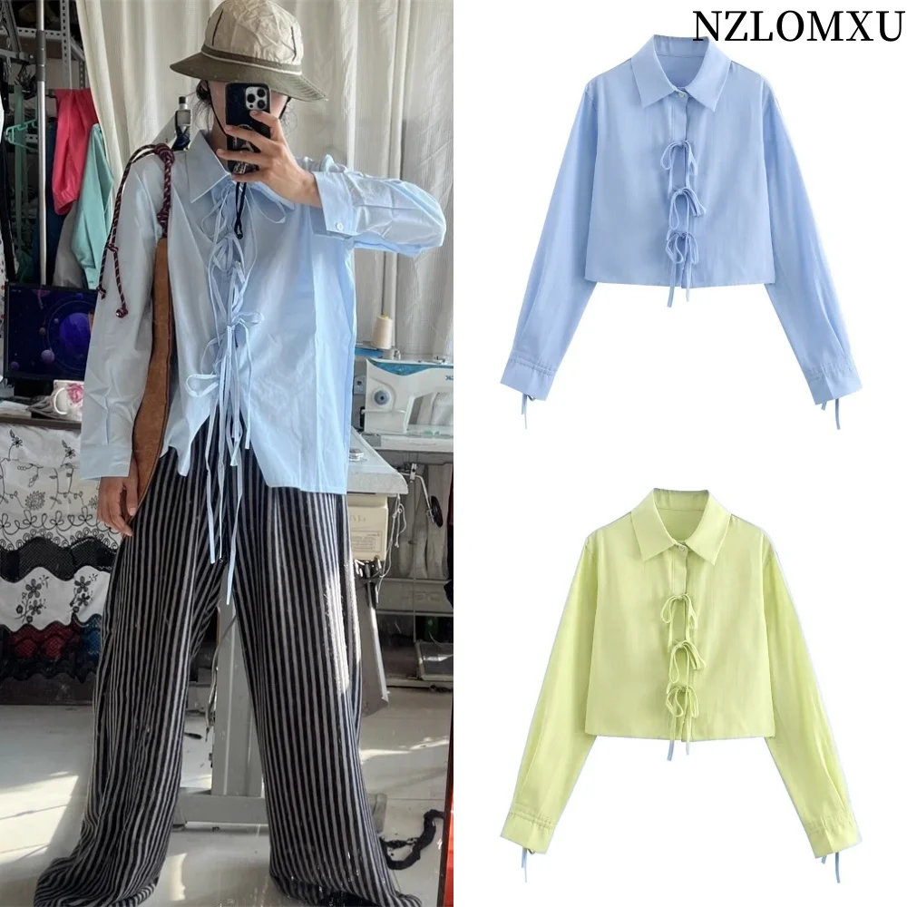 Frauen Dünne Bogen Spitze Up Aushöhlen Lose Hemd Sommer Handgelenk Hülse Drehen-unten Kragen Kurze Bluse Weibliche Crop top Y2K Image