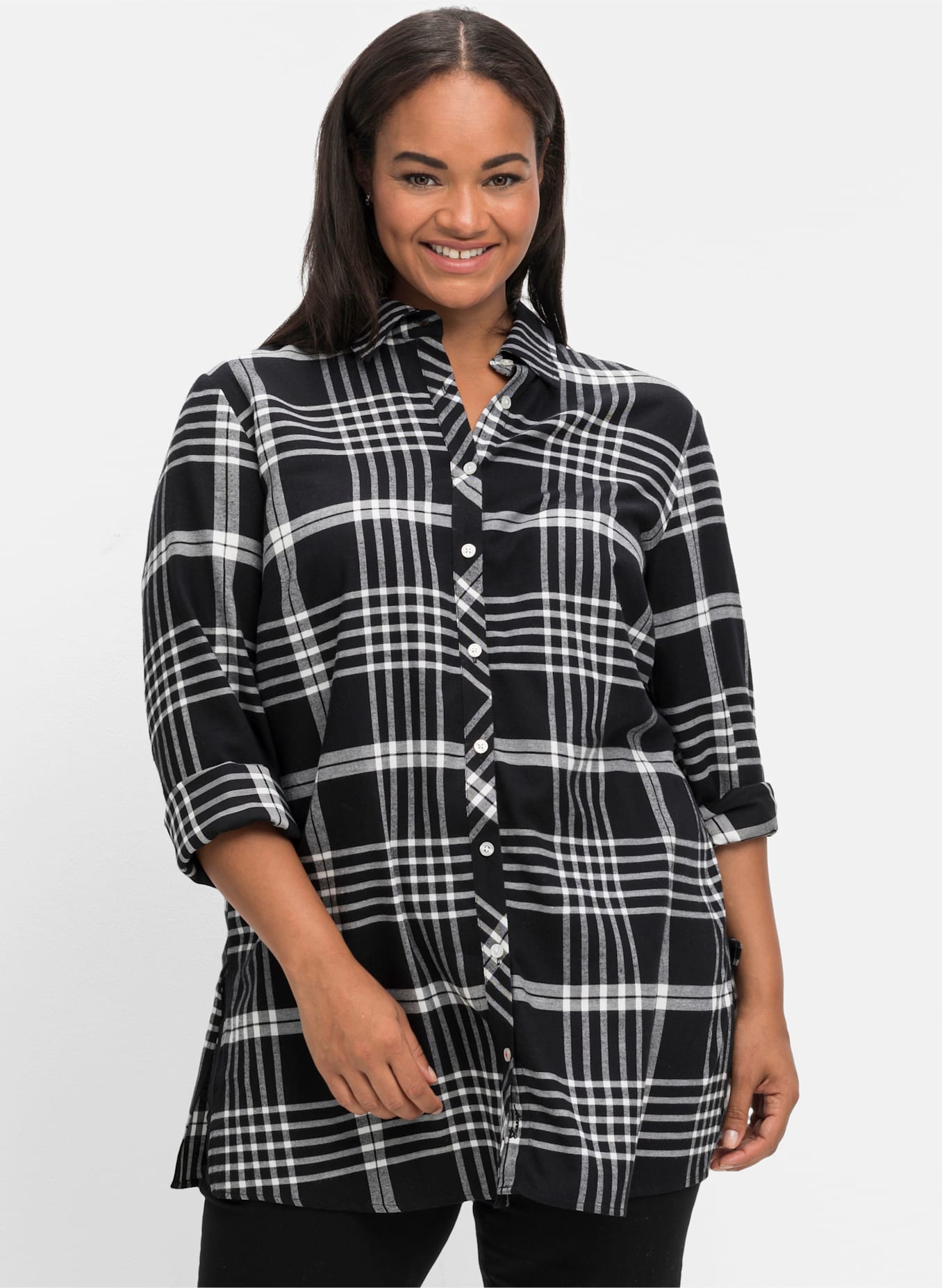 Karobluse SHEEGO, Damen, Gr. 48, schwarz (schwarz, kariert), 58% Viskose, 42% Baumwolle, gemustert, kariert, mehrfarbig, Blusen Image