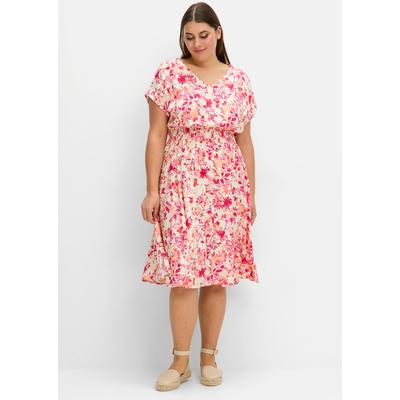 Sommerkleid SHEEGO "Sommerkleid", Damen, Gr. 50, Normalgrößen, beige (champagner, bedruckt), 100% Viskose, V-Ausschnitt, Kurzarm, Kleider Image