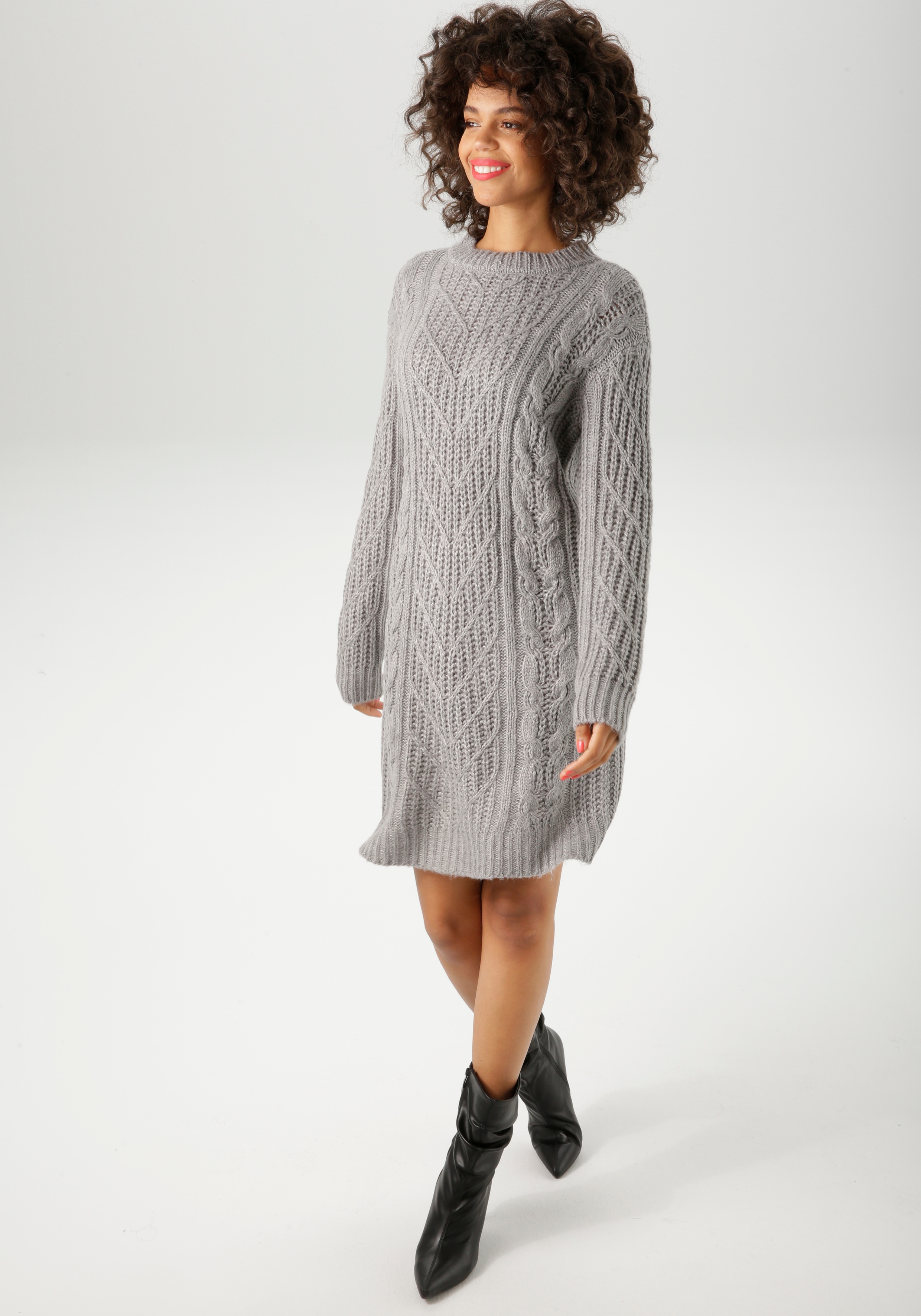 Strickkleid ANISTON CASUAL, Damen, Gr. 44, N-Gr, grau (graumeliert), Grobstrick, Obermaterial: 100% Polyacryl, Zopfmuster, gemustert, meliert, figurumspielend kniefrei, Rundhals, Rippstrickbündchen, Kleider, im trendigen Muster-Mix - NEUE... Image