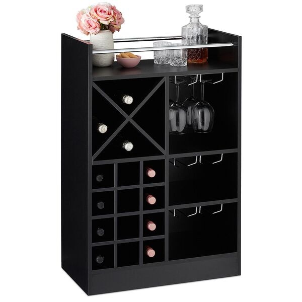relaxdays Großes Weinregal mit Glashalter schwarz, 63x96x35 cm