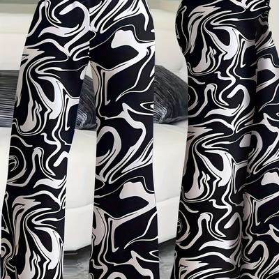 TEMU Elegant Black & White Abstract Print Wide-leg Pants For Women - High-waisted, Elastic Waist, Long Length, Casual & Stylish, Stylish Wide Leg Pants|abstract Print Pants|elastic Waistband Pants Image