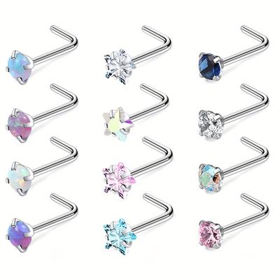 TEMU Hypoallergenic Nose Rings 12pcs 20g Surgical Stainless Steel Nose Rings Studs L Shaped Screw Studs Rings Cubic 3a Zirconia Nose Ring Labret Lip Nose Piercing Jewelry For Women Men