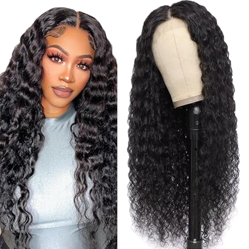 Evaxilc Human Hair Wig 5 x 5 HD Lace Front Wig Human Hair Pre Plucked Glueless Water Wave Wig Wear And Go Glueless Real Hair Wig Body Wave Lace Wig Human Hair #1b Natural Black Wig 20 Inches