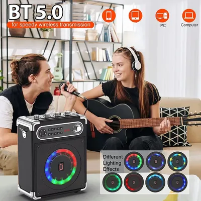 Bluetooth-Karaoke-Maschine, Heim-Karaoke-System, kabelloser Lautsprecher mit UKW-Radio, 2 Karaoke-Mikrofone, Fernbedienung Image