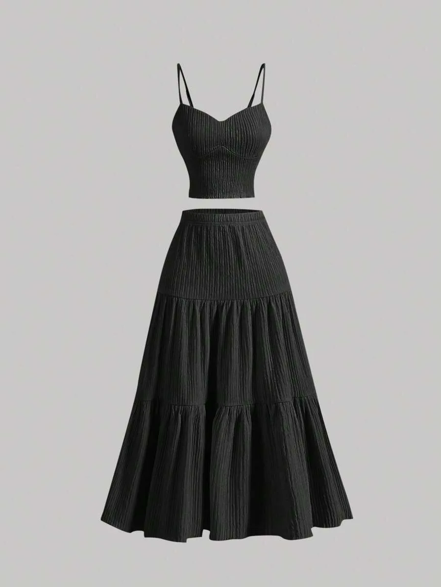 2025 neue Frauen Casual Temperament Schlank Rock Anzug Sommer Frauen Weste Top + Langen Rock Zwei Stück Sets Frauen solide Sets Image