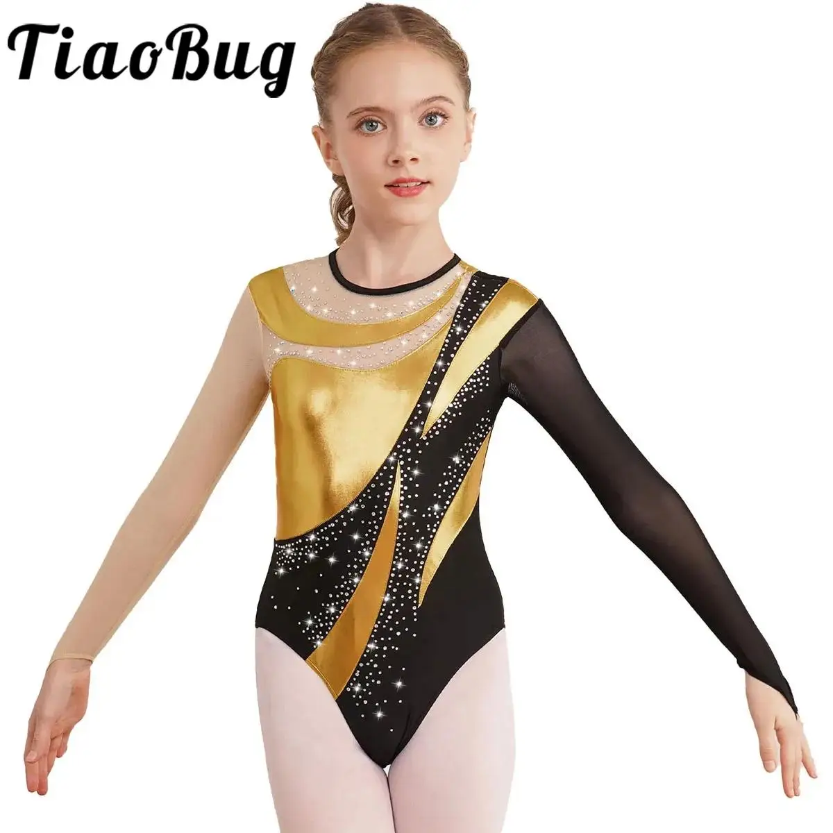 Kinder Mädchen Gymnastik Trikots Bronzing Mesh Langarm Ballett Body Metallic Kontrast Eiskunstlauf Overall Unitards Image