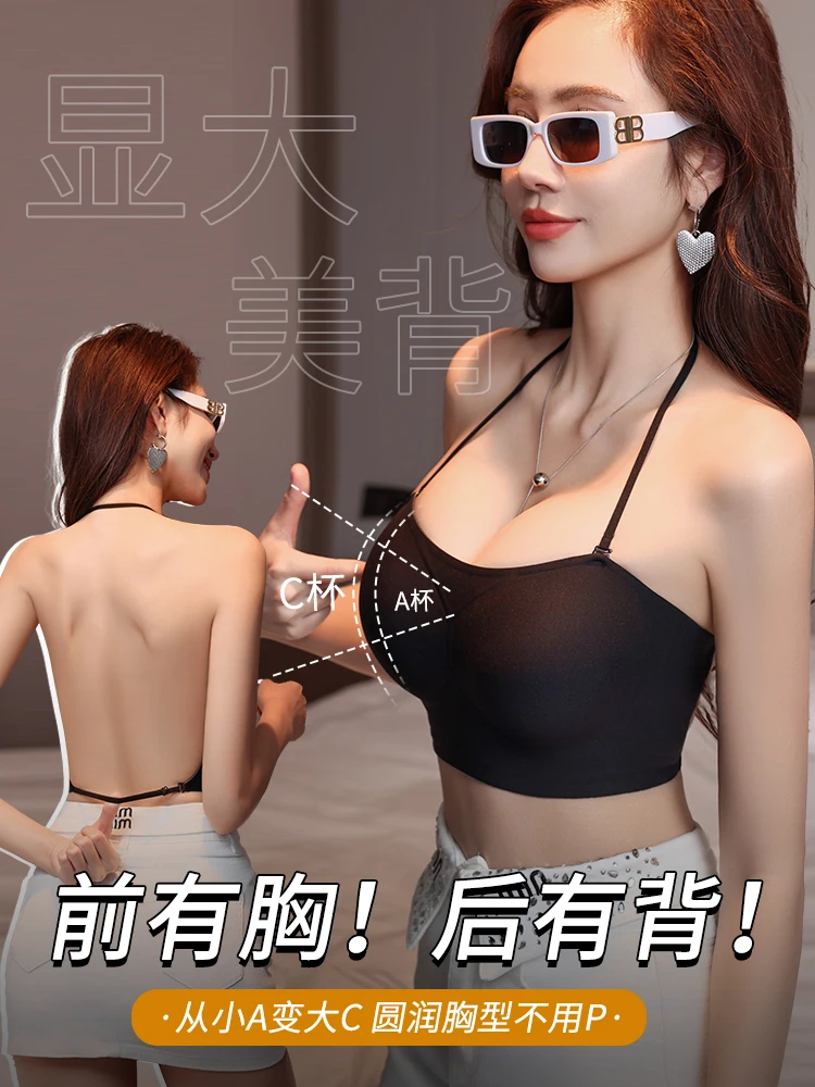 MOYISU Sommer-BH mit Neckholder, rückenfrei, schulterfrei, Push-Up für kleine Brüste, dünne Träger, Akzentgröße, Comic-Büste, sexy Bralette Image