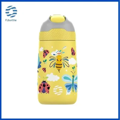 FJbottle Kids Thermos Water Bottle with Straw Cartoon Cup Stainless Steel Vacuum Flacks Thermos Bottle Drinkware Children Gifts