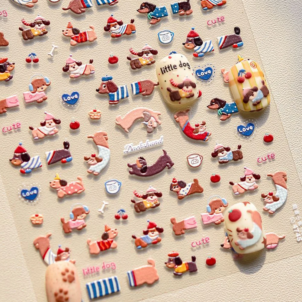 Süße Welpe Cartoon Nagel Aufkleber Dackel Liebe Herzen Früchte Apfel Kirsche Knochen 5D Nail Art Aufkleber Selbstklebende Maniküre Aufkleber Image