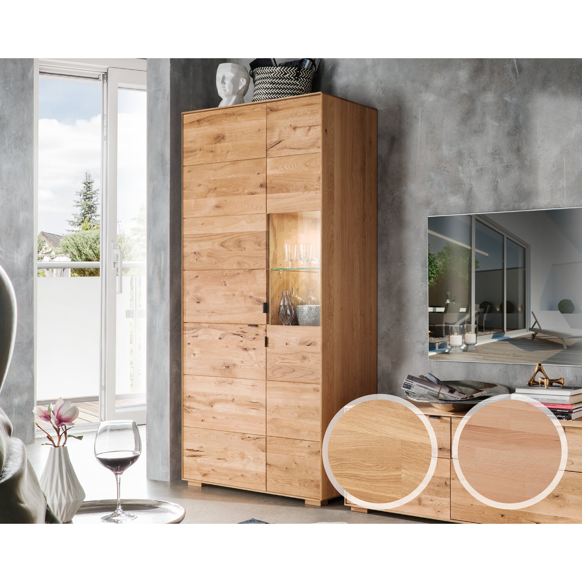 Massivholz »Zerro« Highboard Eiche / mit Beleuchtung