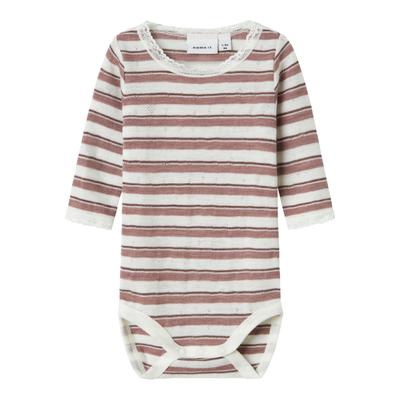 Langarmbody NAME IT "NBFWANG WOOL NEEDLE LS BODY NOOS", Baby, Gr. 86, N-Gr, antler stripes:snow weiß, Strick, Obermaterial: 100% Wolle, gestreift, casual, regular fit, Rundhals, Langarm, Bodies, aus reiner Merinowolle Image