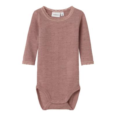 Langarmbody NAME IT "NBFWANG WOOL NEEDLE LS BODY SOLID NOOS", Baby, Gr. 80, N-Gr, antler, Strick, Obermaterial: 100% Wolle, casual, regular fit, Rundhals, Langarm, Bodies, aus reiner Merinowolle Image