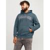 Hoodie "JJECALEB VARSITY SWEAT HOOD NOOS PLS", Herren, Gr. 6XL, grau (stormy weather), Sweatware, Obermaterial: 70% Baumwolle, 30% Polyester, JACK & JONES PLUSSIZE, bedruckt, casual, relaxed fit normal, Langarm Rippbündchen, Sweatshirts