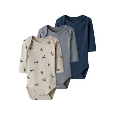 Schlafoverall NAME IT "NBMBODY 3P LS AIRPLANE NOOS", Baby, Gr. 62, N-Gr, peyote pack:w, tradewinds, insignia blau, Jersey, Obermaterial: 100% Baumwolle, unifarben, casual, regular fit, Rundhals, Langarm, Overalls Image