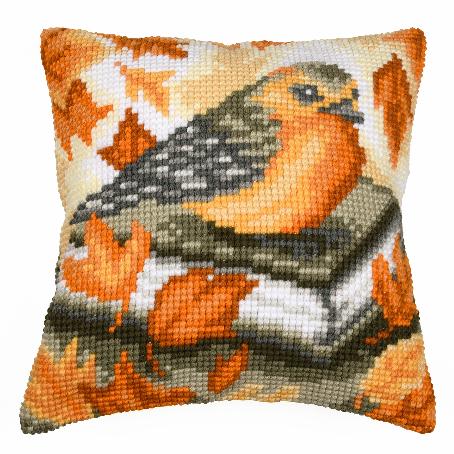 Coussin point de croix "rouge-gorge et livre"