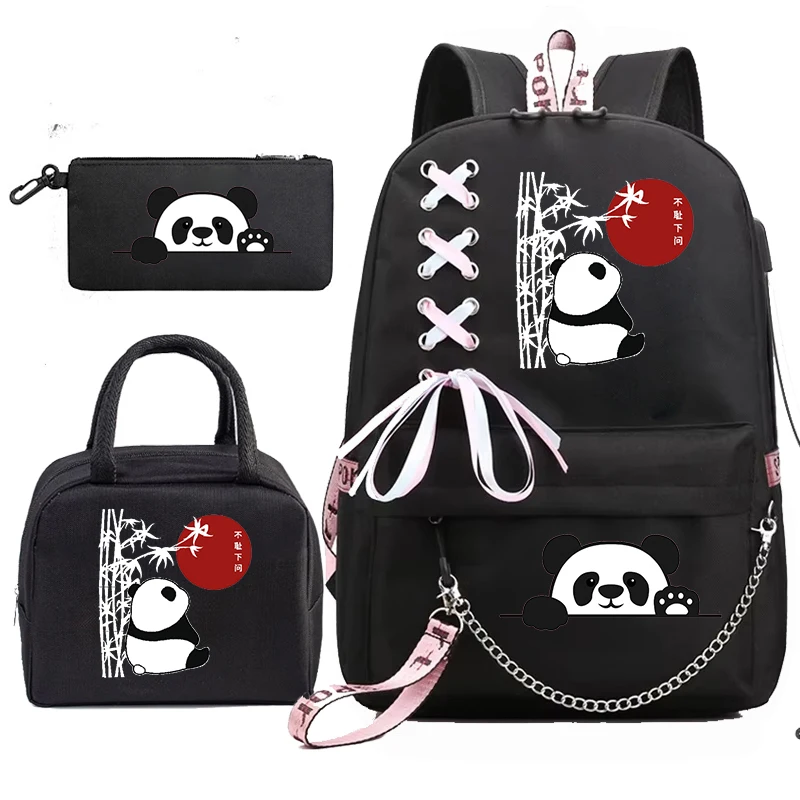 Sac d'école pour adolescents, sac à dos pour adolescents, cartable d'école imprimé Panda 3D de dessin animé avec sacs à déjeuner portables Mochila 3 pièces