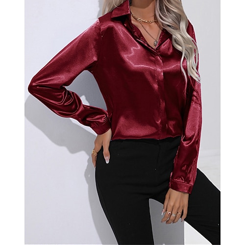 Per donna Camicia Maglia di seta Semplice Quotidiano Elegante Casual Manica Lunga Colletto a Camicia Top Regolari Lavoro Quotidiano Ferie Bottoni Nero Bianco Vino Primavera Autunno