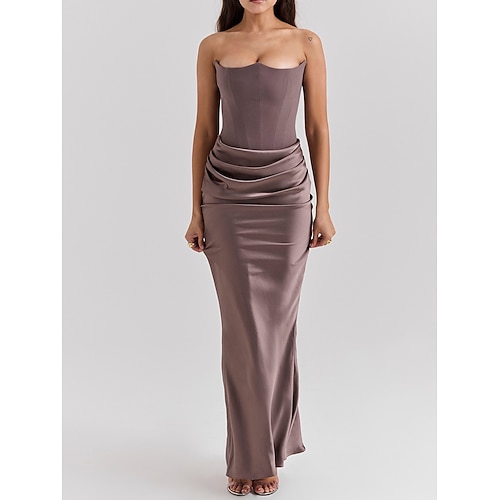Per donna Abito Lungo Maxi Abito Abito in Raso Abito a corsetto Abito da Cocktail Moda Moderno Festa serale Feste Tè Taglia piccola Semplice Senza Maniche Senza Spalline Marrone Estate