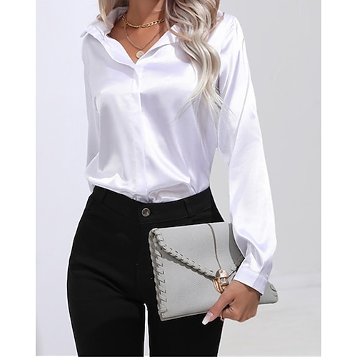Per donna Camicia Maglia di seta Semplice Quotidiano Elegante Casual Manica Lunga Colletto a Camicia Top Regolari Lavoro Quotidiano Ferie Bottoni Nero Bianco Vino Primavera Autunno