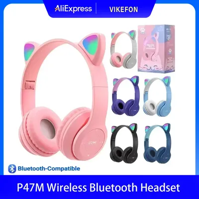 P47M Drahtlose Bluetooth Headset Gamer Katze LED Licht Noise Cancelling Ohrhörer Drahtlose Kopfhörer Bluetooth Kopfhörer Image
