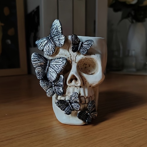 1 portapenne a forma di teschio a forma di farfalla di Halloween - creazione creativa in resina, perfetta per l'arredamento della casa organizzazione della scrivania, regalo ideale per una casa