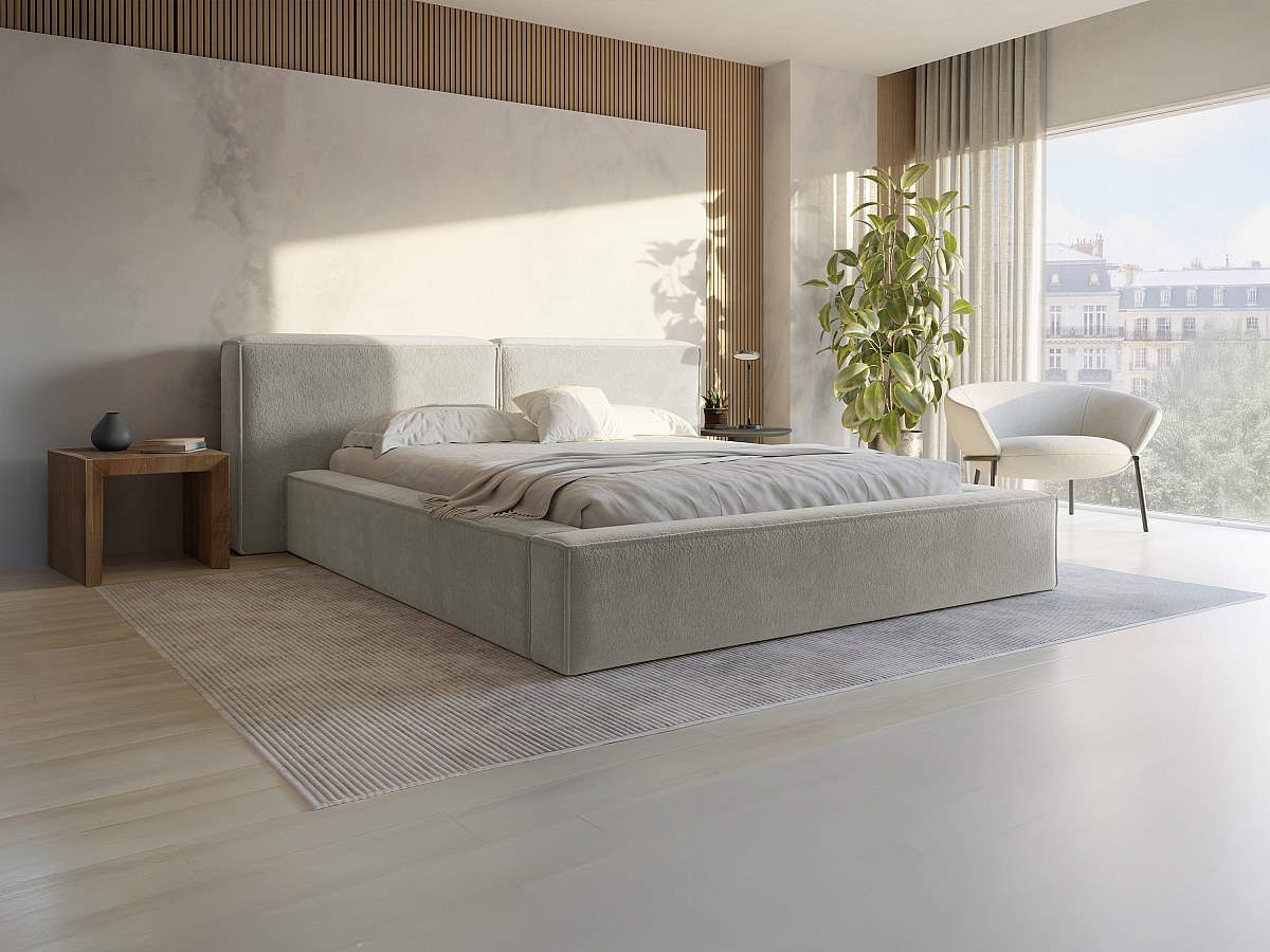 Letto con contenitore 160 x 200 cm Tessuto bouclette Beige + Materasso - TIMANO di PASCAL MORABITO