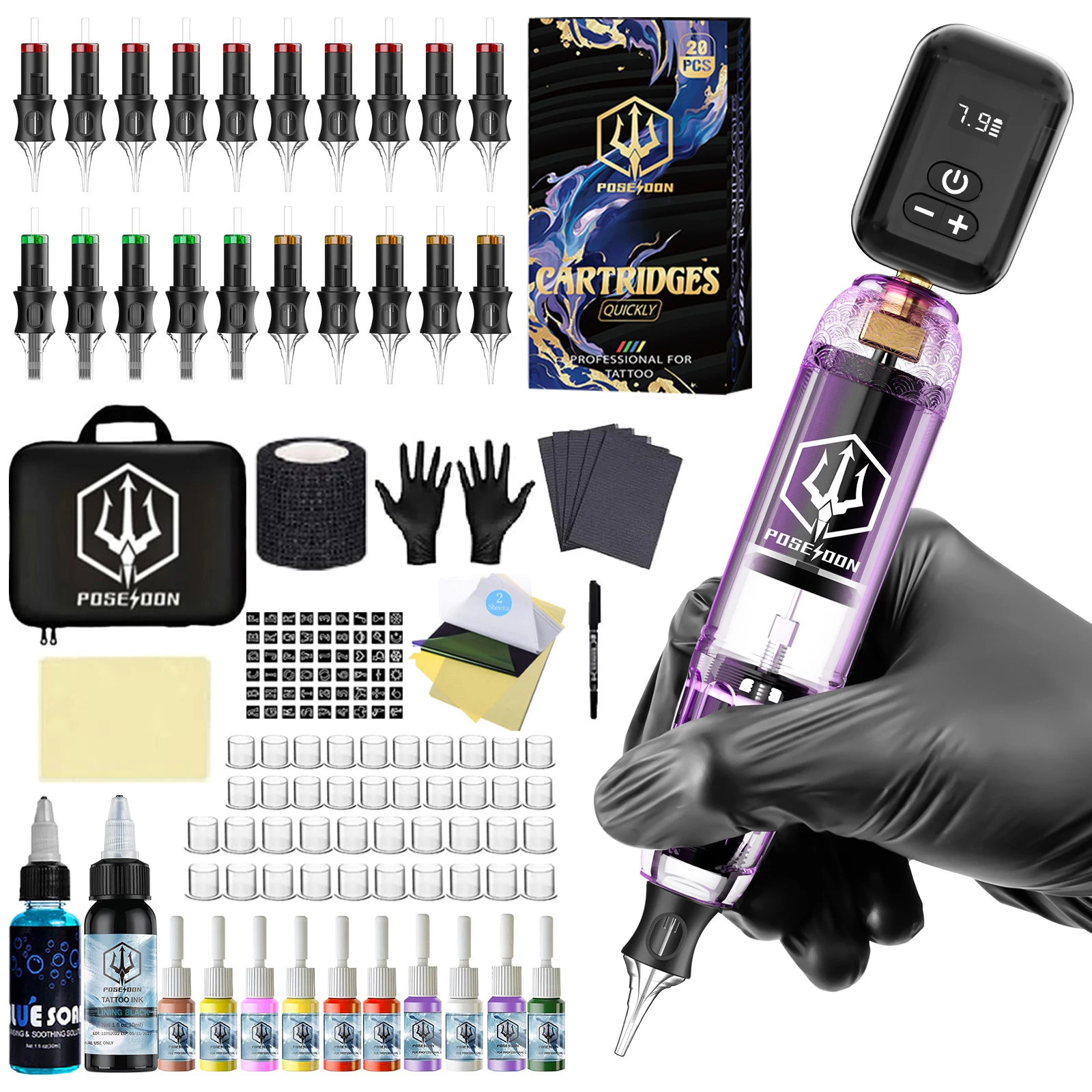 Tattoo Kit POSEIDON V5 20 Tattoo Nadeln Tattoo Stift Kit Für Permanent Make-Up Tattoo Maschine Kit Lila Tattoo Gun Kit Image