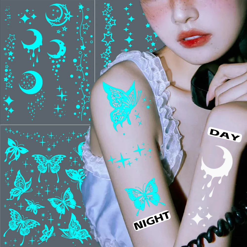 Leuchtende wasserdichte temporäre Tattoo Aufkleber Schmetterling Stern Mond Glow Flash Tattoo Frauen Männer Arm Einweg Transfer Fake Tattoo Image