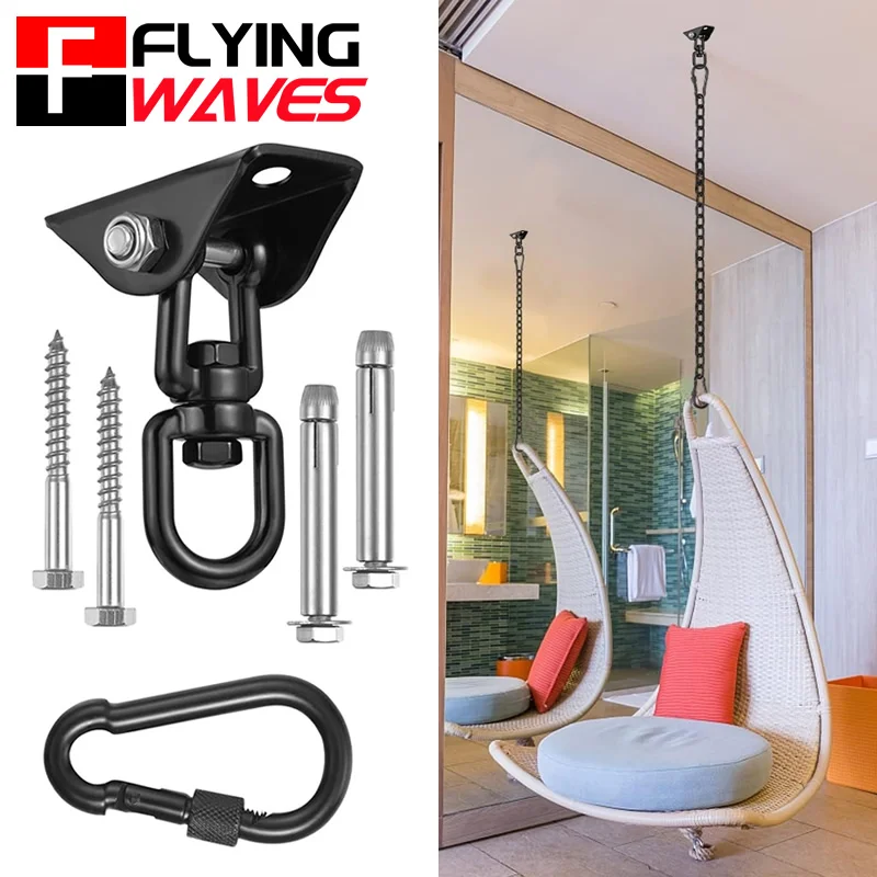 Schwarzes Hängematten-Aufhängeset, robust, 360° ° Drehbarer Schaukel-Aufhänger-Haken für Veranda, Yoga, schwere Tasche, Baumstuhl, drinnen und draußen, Fitnessstudio Image