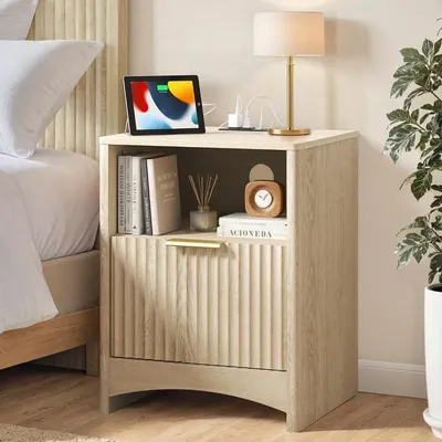 Fluted Nightstand with Charging Station, Adjustable Bedside Table with USB & AC Ports, 1 Drawer End Table, Wood Grain Finish, S