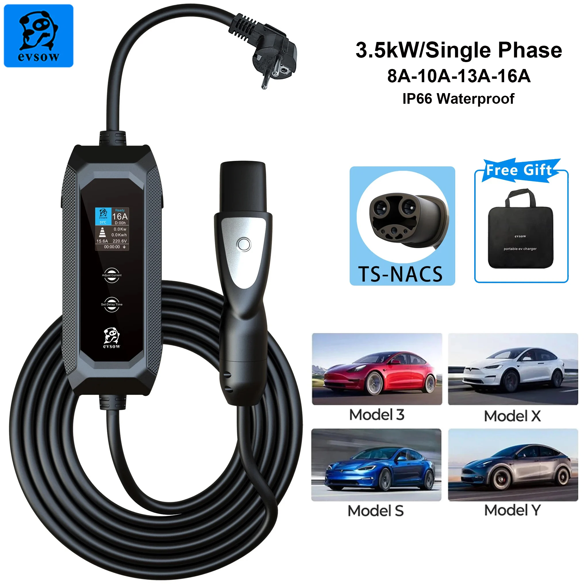 evsow EV Ladegerät Für Tesla 3,5 KW 16A 1P Elektrische Auto Ladegerät TS-NACS EVSE Wallbox Ladegerät Einstellbare Strom & set Ladezeit Image