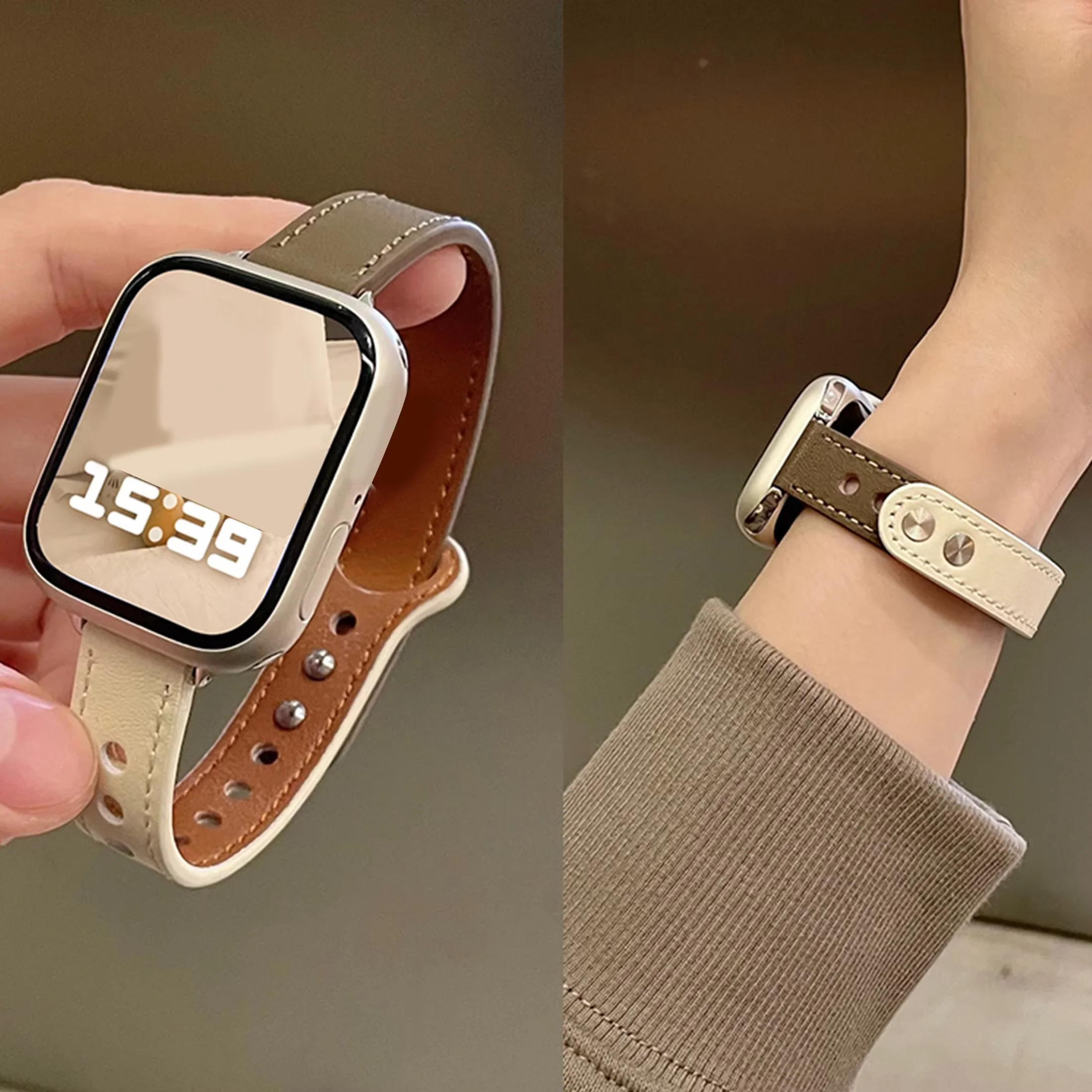 1 Stück schmales Lederarmband, kompatibel mit Apple Watch Band 42 mm, 44 mm, 45 mm, 49 mm, dünnes Armband für IWatch Ultra SE Serie 9/8/7/6/5/4/3/2/1 Image