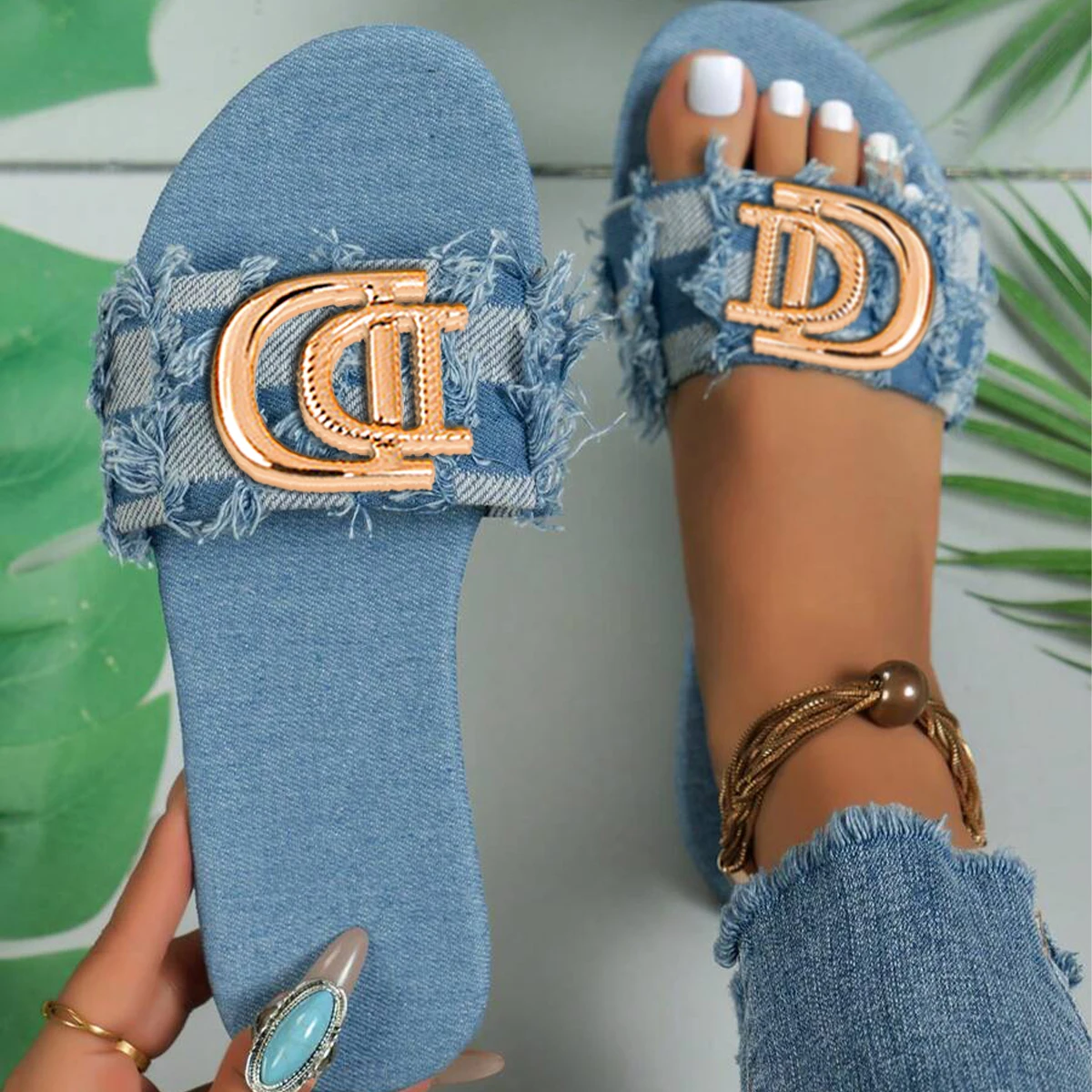 Frauen Luxus Dekor Flache Rutsche Sandalen Denim Open-toe Slip-on Rutschen Neue Mode Sexy Elegante Urlaub Party casual Schuhe Mujer