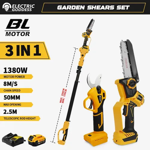 2 in1 6inch Brushless High Branch Saw Chainsaw 50mm Pruning Shears Garden Tool With Telescoping Pole For Dewalt 20V Battery Pin