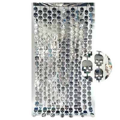 Halloween Foil Fringe Curtain Tinsel Curtain with Bat, Laser Pumpkin, Spider and Skull, Scary Party Backdrop for Halloween Decorations and Photo Booth Props