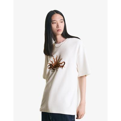 Bershka Textured Short Sleeve Embroidered T-Shirt Men M Off White